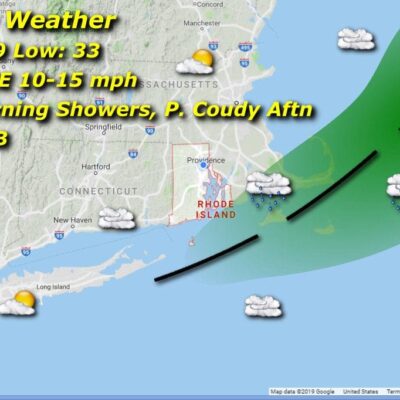 A map showing the weather for Friday in Massachusetts and Rhode Island.