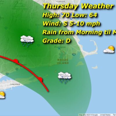 Thursday weather map: rain, 70/64, grade D.