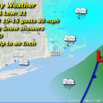 A map showing the Rhode Island weather for Monday.