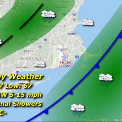 Monday weather map: showers, 87/67