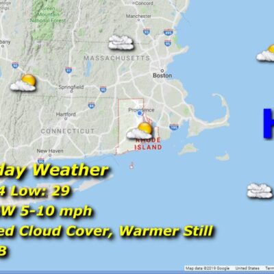 A map showing the weather in Rhode Island and Massachusetts.