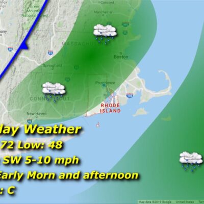 Monday weather map: rain, 72/48.
