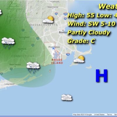 Northeast weather map: partly cloudy, rain.
