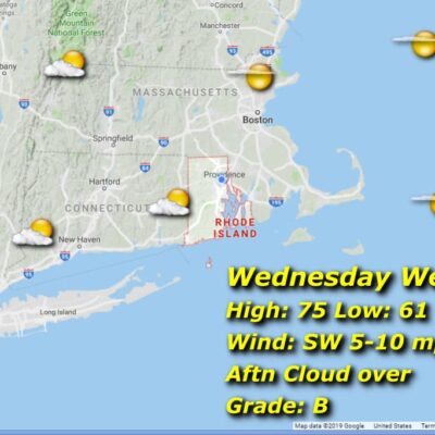 Wednesday weather map: partly sunny, 75/61.