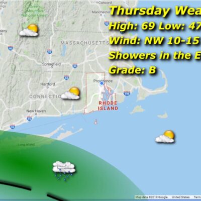 Thursday weather map: showers, 69 high.