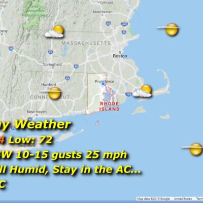 Monday weather map: hot, humid, 94/72.
