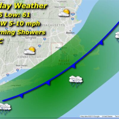 Thursday weather map: showers, 75/61.