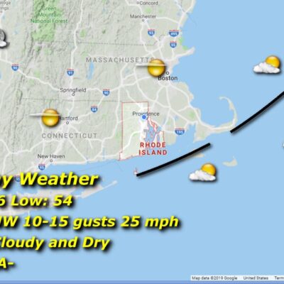 Monday weather map: partly cloudy, 76/54.