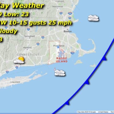 A map showing the Rhode Island weather for Saturday.