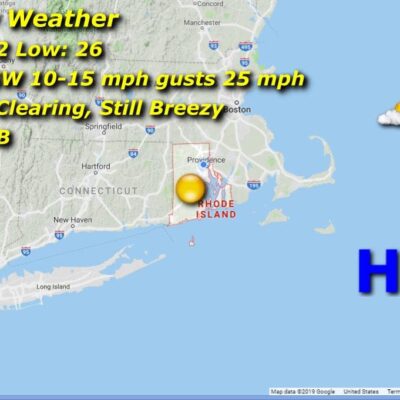 A map showing the Rhode Island weather for Friday.