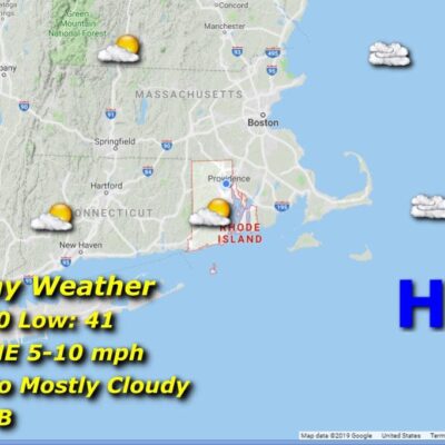 A map showing the weather in Massachusetts and Rhode Island.