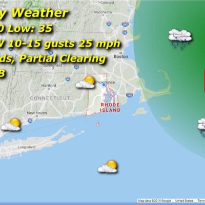A map showing the Rhode Island weather in the area.