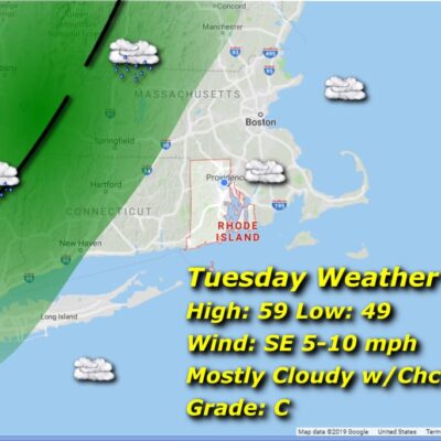 Tuesday weather: Mostly cloudy with showers.