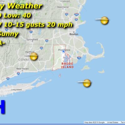 Rhode Island Monday weather map, mostly sunny.