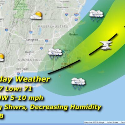 Thursday weather map: showers, decreasing humidity.