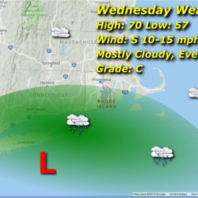 Wednesday weather map: mostly cloudy, evening showers.