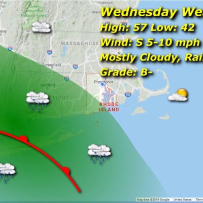 Wednesday weather map: mostly cloudy, rain late.