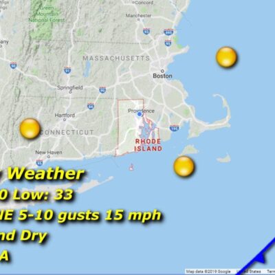 A map showing the weather in Massachusetts and Rhode Island.
