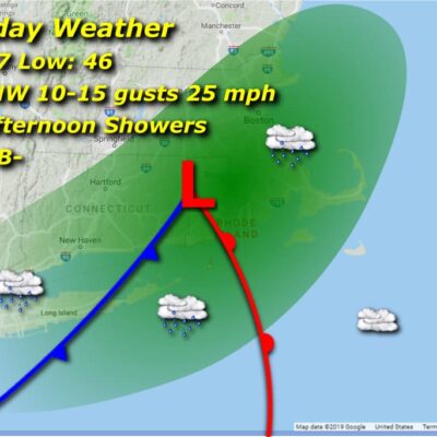Thursday weather map: showers, 77/46.