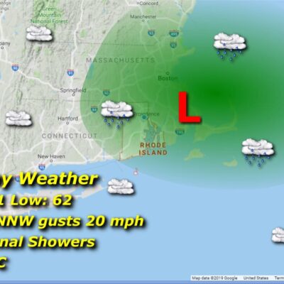 Monday weather map: occasional showers, 71/62.