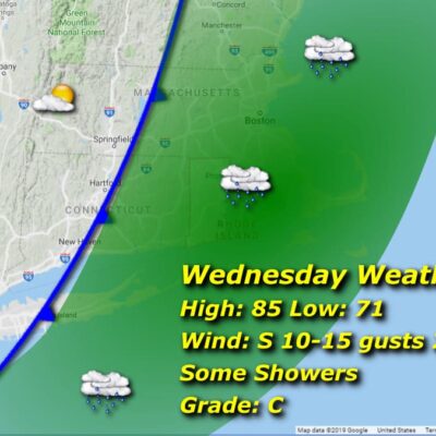 Wednesday weather map: showers, 85/71.