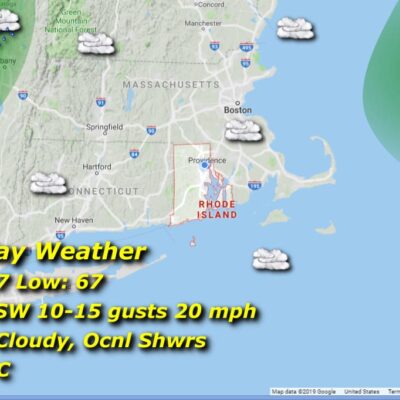 Tuesday weather map: mostly cloudy, showers.