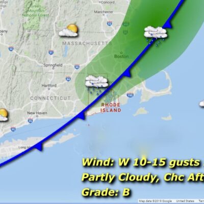 Northeast weather map: partly cloudy, chance showers.