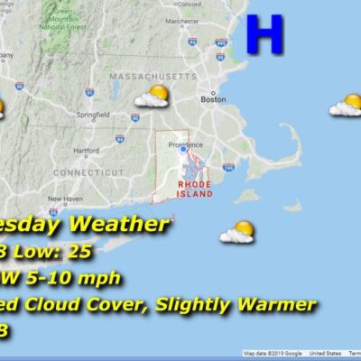 A map showing the weather in Massachusetts and Rhode Island.