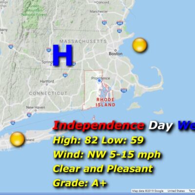 Weather map showing Independence Day forecast with high 59°F and clear skies.
