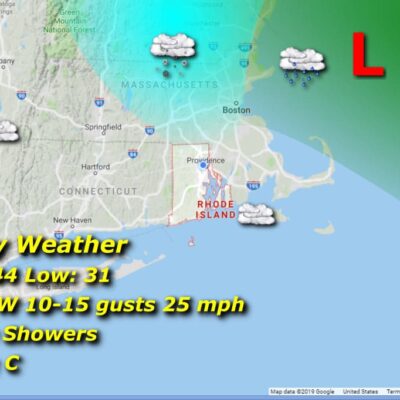 Friday weather map: spotty showers, 44/31.