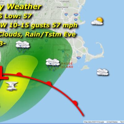 Weather map with storm forecast details.
