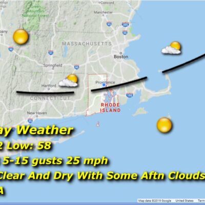 Weather map showing sunny and partly cloudy conditions with mild temperatures and light winds.