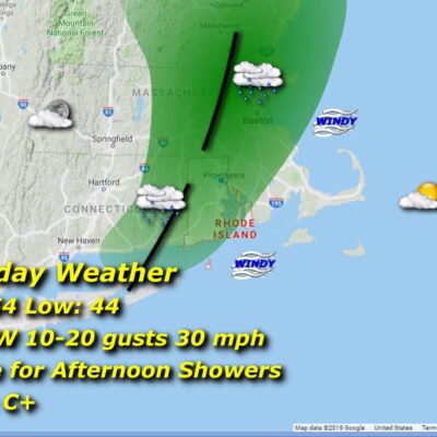 Saturday weather map: showers, windy, 54/44.