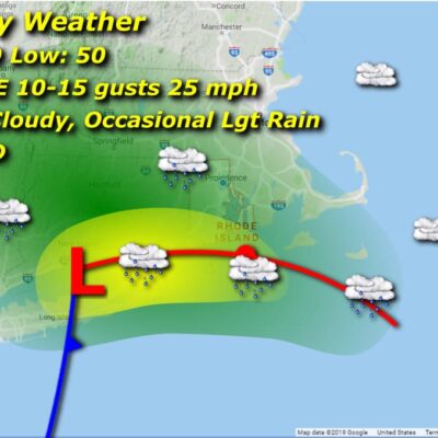 Weather map with forecast details for Monday.