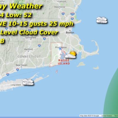 Monday weather map: partly sunny, 52-64F.