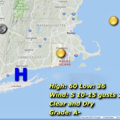 Rhode Island weather map: clear and dry.