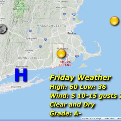 Friday weather map: clear and dry, 60/36.