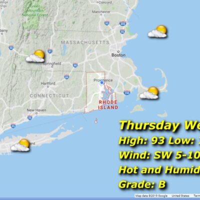 Thursday weather map: partly sunny, hot, humid.