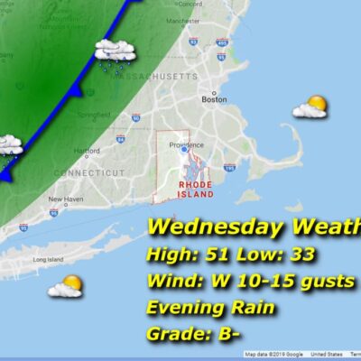 Wednesday weather map: rain, 51F high, 33F low.
