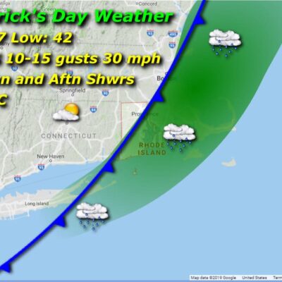 St. Patrick's Day weather forecast map.