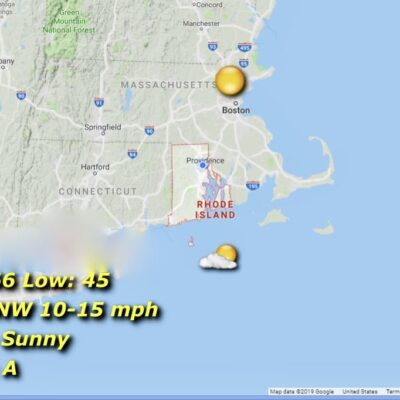 Rhode Island weather map: mostly sunny, 66/45.