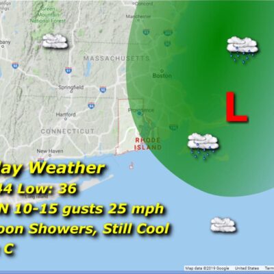 Saturday weather map: showers, cool, 44/36.
