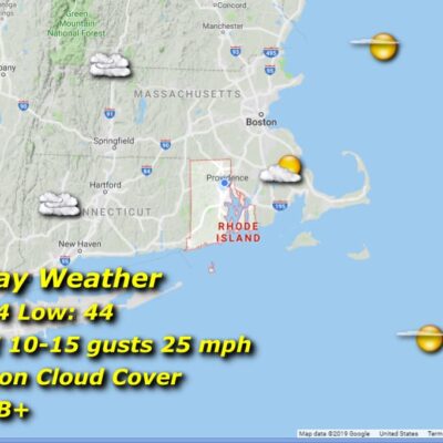 Tuesday weather map: partly cloudy, 64/44.
