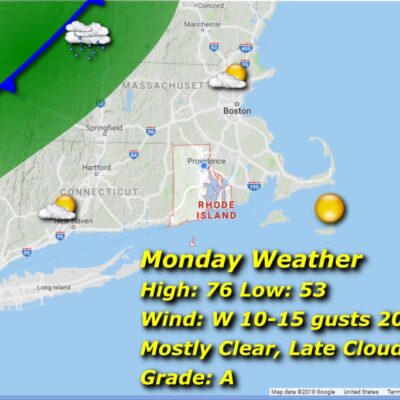 Monday weather: mostly clear, high 76, low 53.