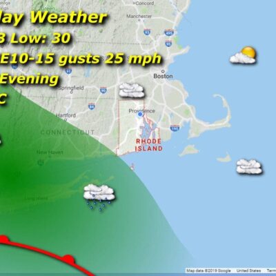 A map showing the Rhode Island weather for Saturday.