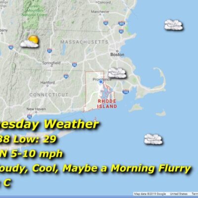 A map showing the weather in Massachusetts and Rhode Island.
