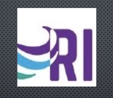 Abstract logo with purple letters and waves.