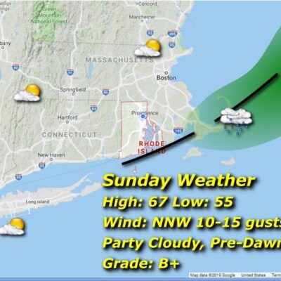 A map showing the direction of the sunday weather.