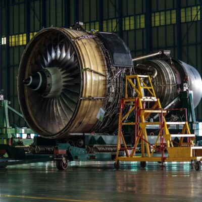 A large jet engine sitting in a hangar.