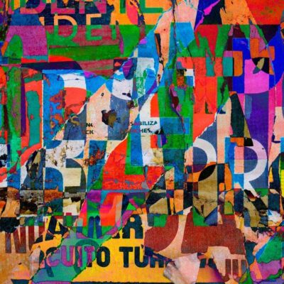 An abstract painting with many colorful pieces of art.